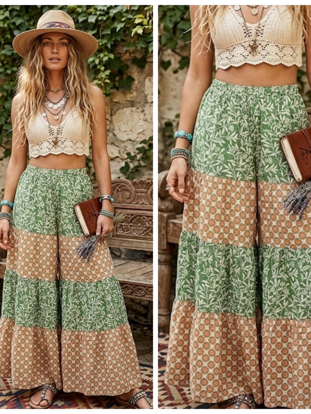 Boho Tiered Wide-Leg Patchwork Pants in Green & Tan